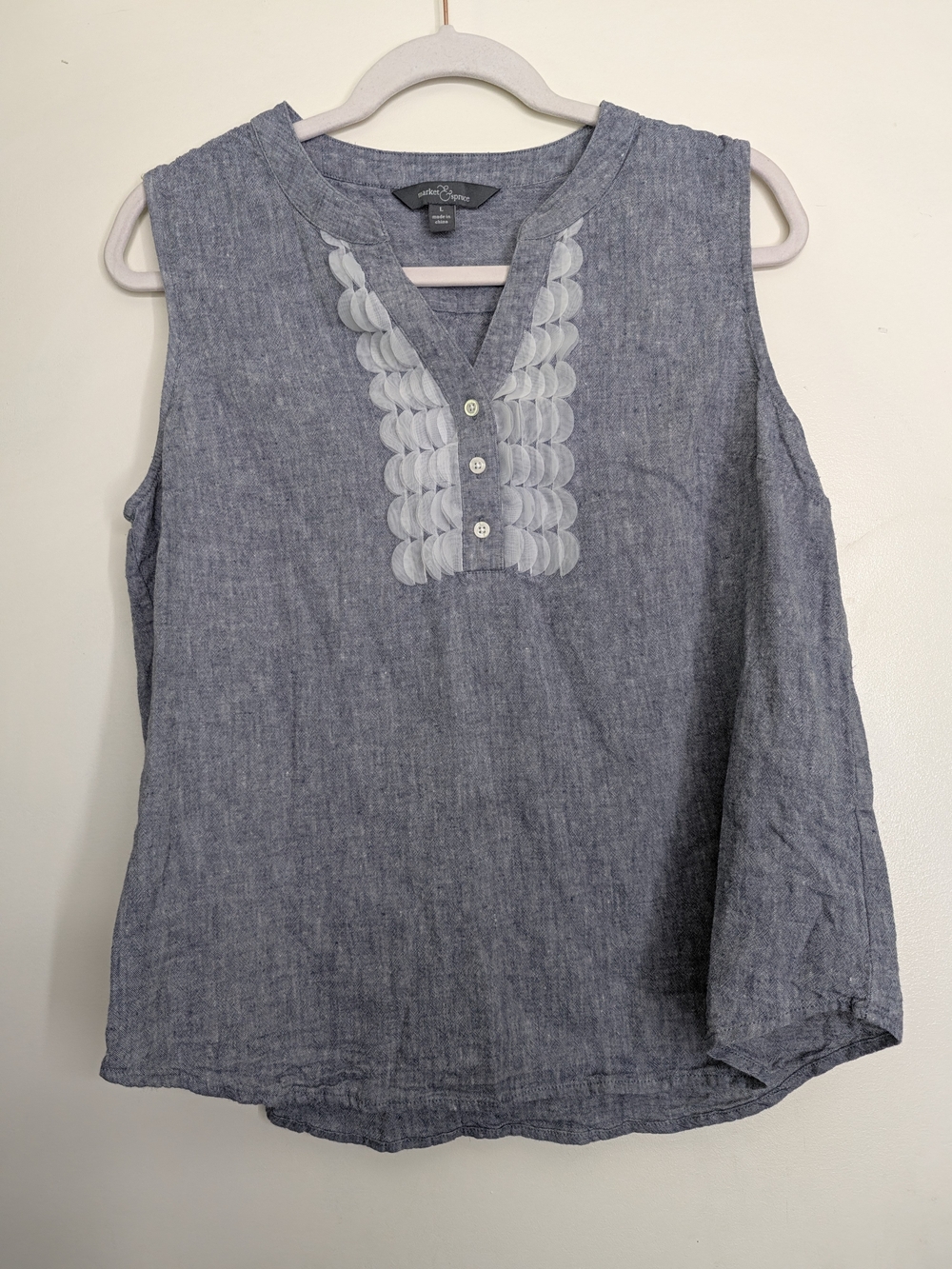Market & Spruce Blue Chambray Sleeveless V-Neck Tank with Placket